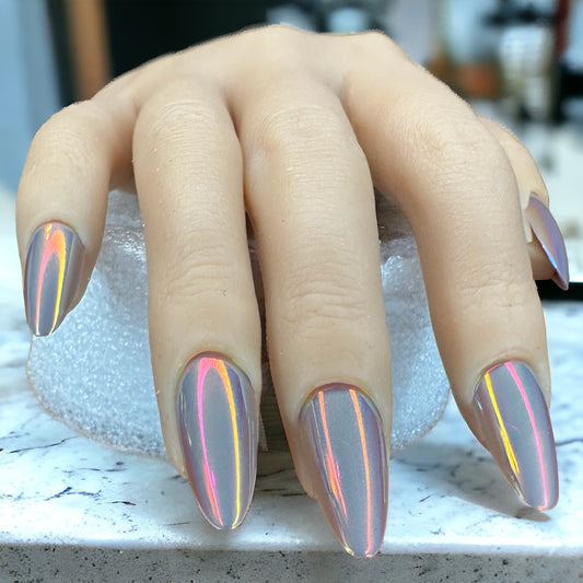 Fingers wearing chrome color medium almond shape press-on nails