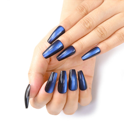 Two hands with long coffin-shaped blue press-on nails, neatly arranged on a white background